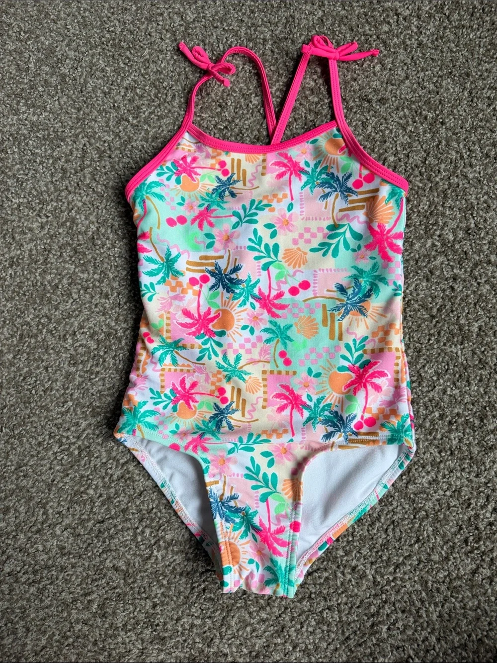Cat & Jack Girls' Neon Palm Print One-Piece Swimsuit - Pink Trim